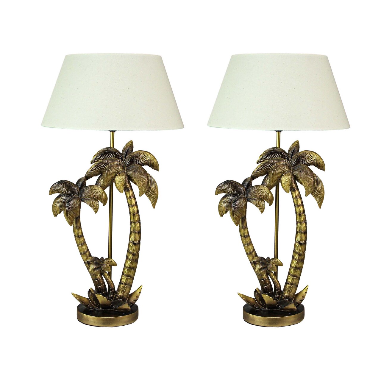 Gold Finish Double Palm Tree Resin End Table Lamp With Shade Set of 2
